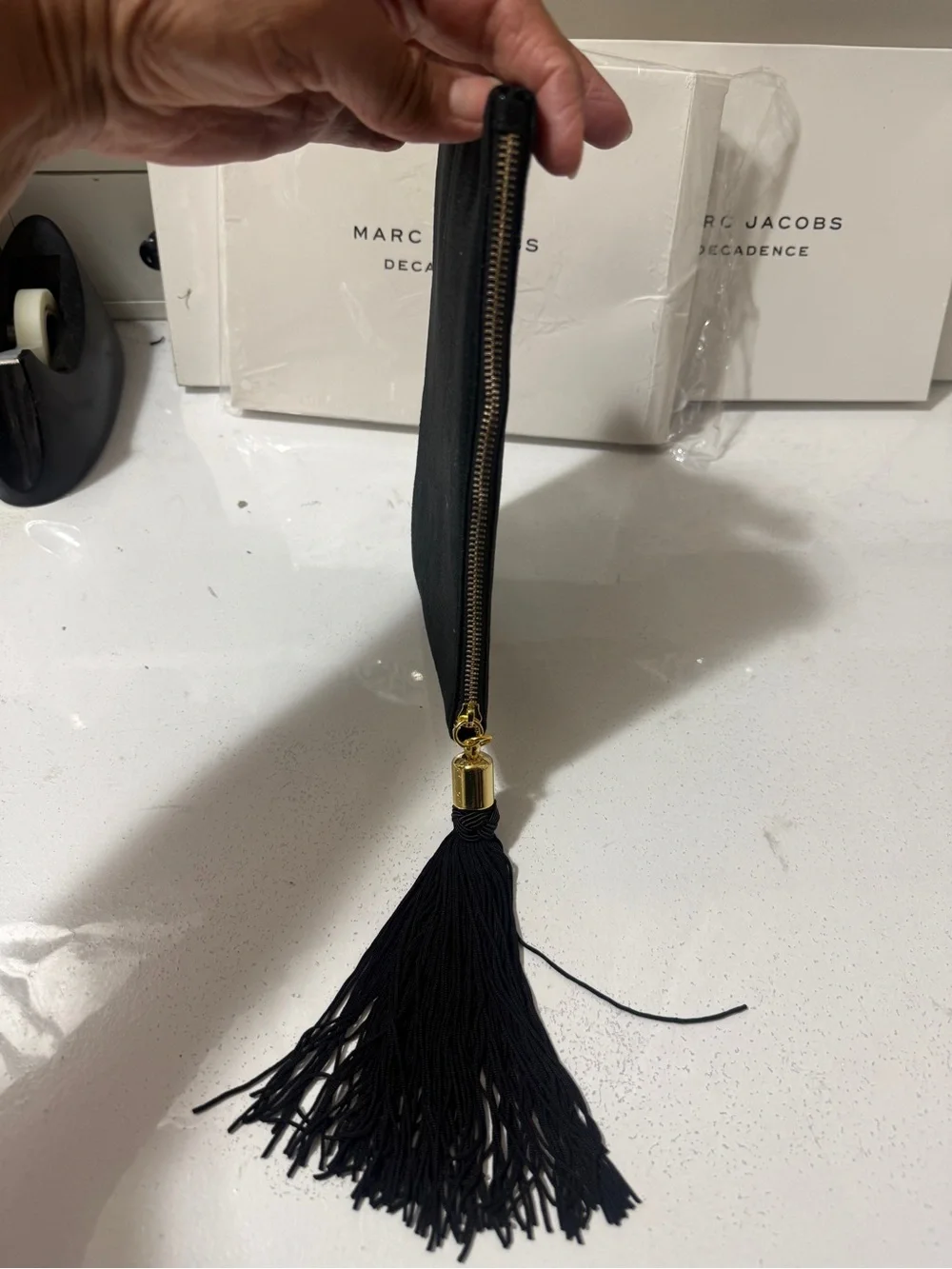 Marc Jacobs Black Shimmer Wristlet makeup bag with Tassel, brand new with box